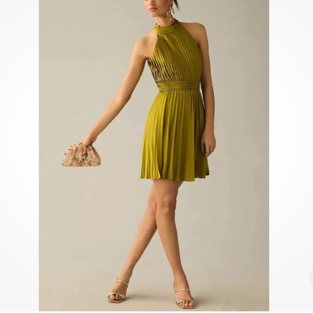 Mac Duggal Pleated High Neck Sleeveless Mini Dress Chartreuse Green Size 12 NWT